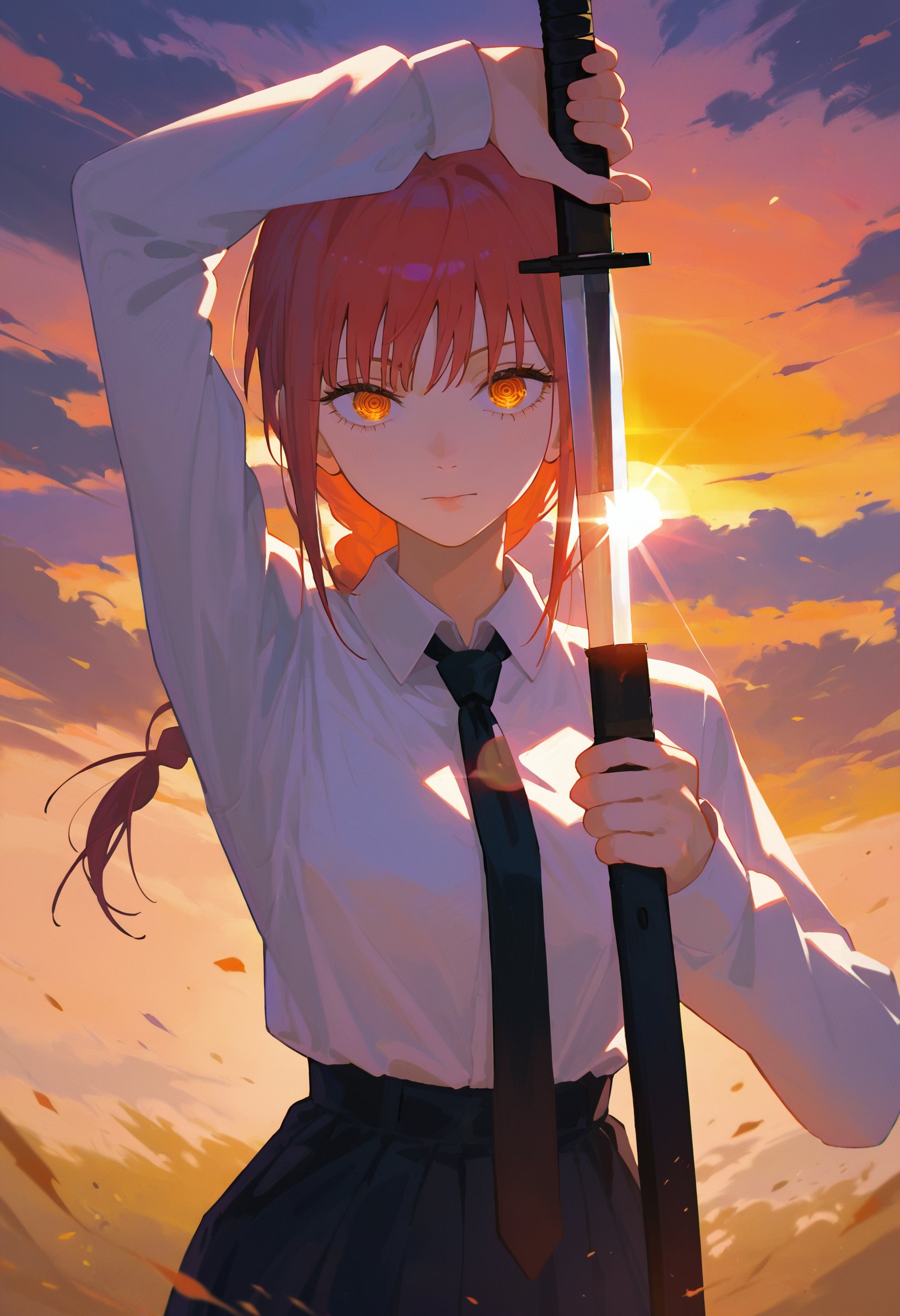 score_9, score_8_up, score_7_up, 1girl, arm up unsheathing sword, makima \(chainsaw man\), sunset, backlighting, necktie<lora:unsheathing_pose_vertical_3_final:1>