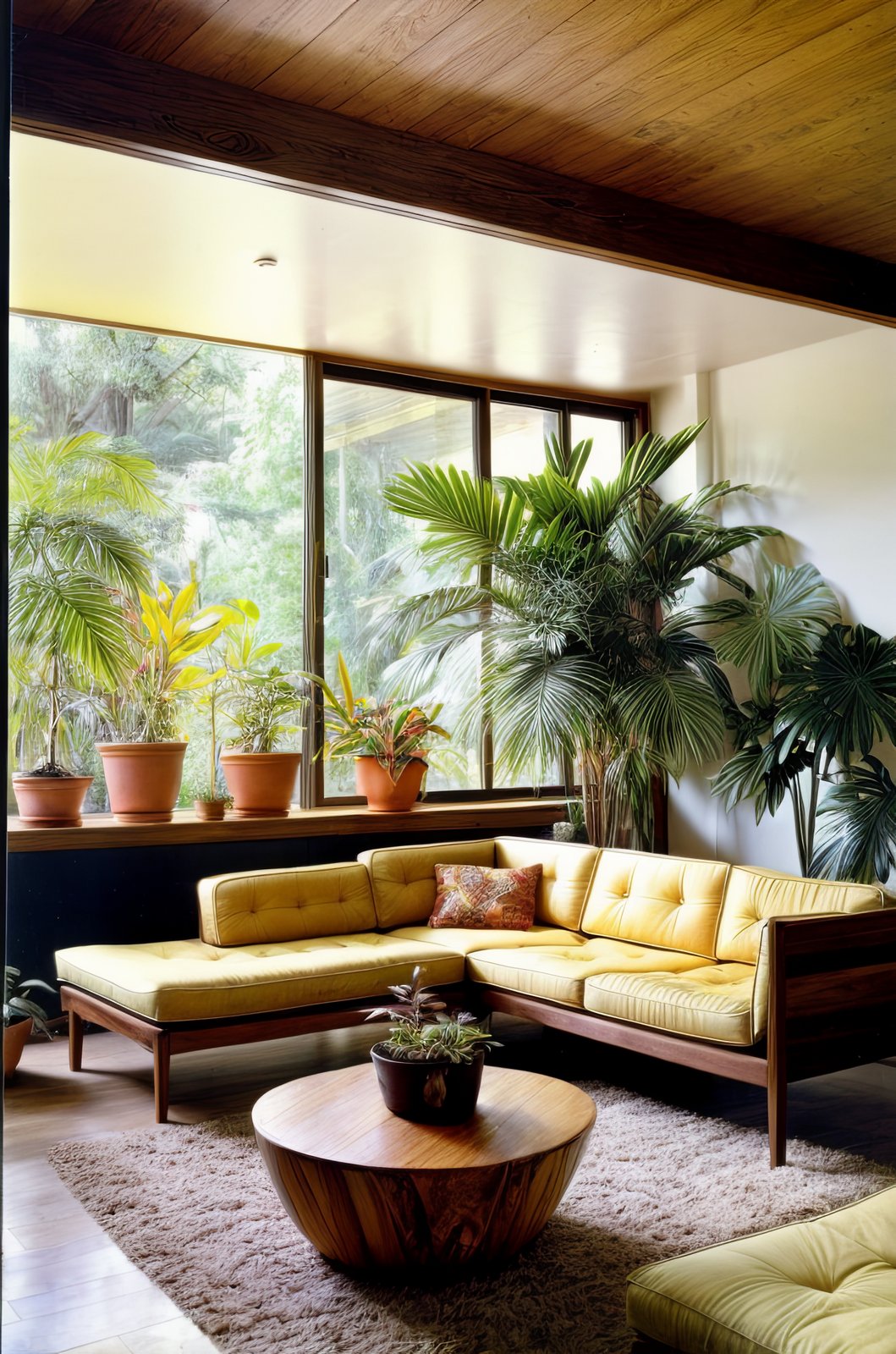 70s living room, 70s style, adding potted plants and trees, lots of plants, and using earthy tones and natural materials for the furniture and decor <lora:add_detail:1>