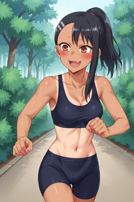 score_9, score_8_up, score_7_up, source_anime, <lora:nagatoro-multi-outfit_epoch_8:1> nagatoro hayase, (outfit-sportsbra:1.2), extra-tanlines, blush, bike shorts, solo, forest, dark skin, one-piece tan, foliage, brown eyes, nature, tree, bangs, sweatdrop, dark-skinned female, tan, black hair, piercing, hairclip, bush, navel, earclip, 1girl, outdoors, pink nails, asymmetrical bangs, cleavage, small breasts, midriff, nail polish, groin, breasts, shorts, tanlines, black sports bra, :d, ponytail, fang, hair ornament, long hair, collarbone, day, running, cowboy shot, (from side:1.2), 