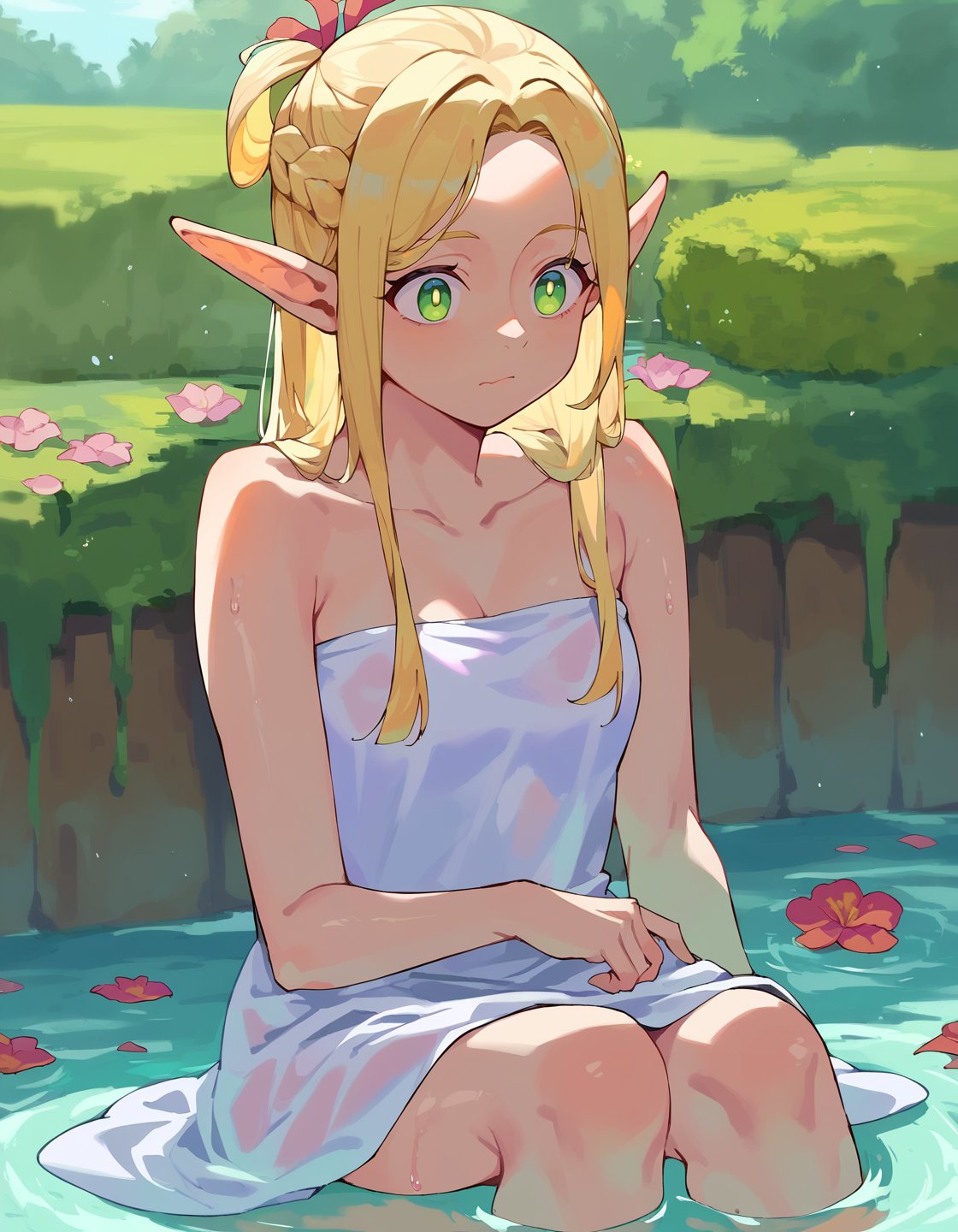 score_9, score_8_up, score_7_up, score_6_up, source anime, BREAK<lora:dungeon_meshi_marcille:1> ellicrampnxl, marcille donato, 1girl, pointy ears, elf, sitting, solo, outdoors, water, soaking feet, flower, closed mouth