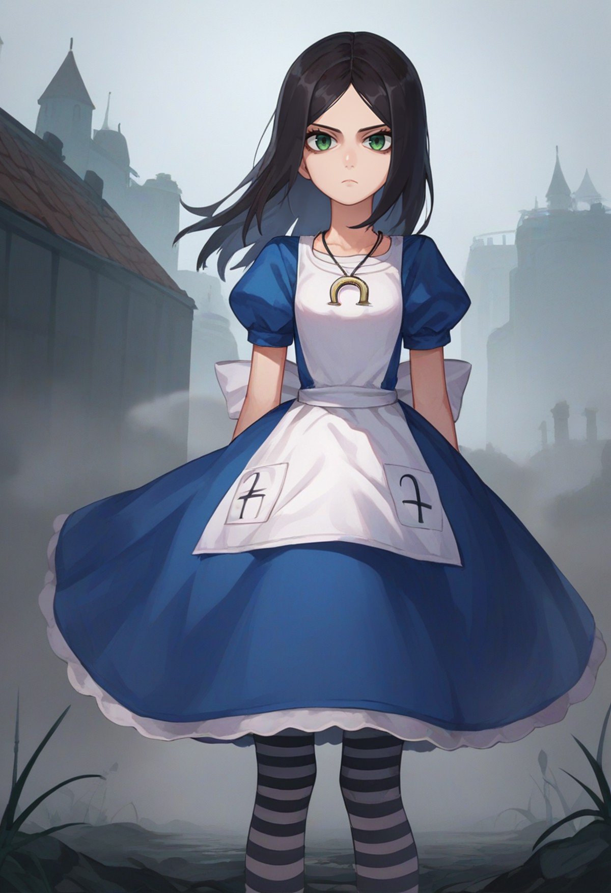 score_9, score_8_up, score_7_up, source_anime, solo, 1girl, mcgeealice, expressionless, looking at viewer, blue dress, puffy short sleeves, white apron, striped pantyhose, necklace, fog, outdoors <lora:americanmcgee_alice_ponyXL:1>