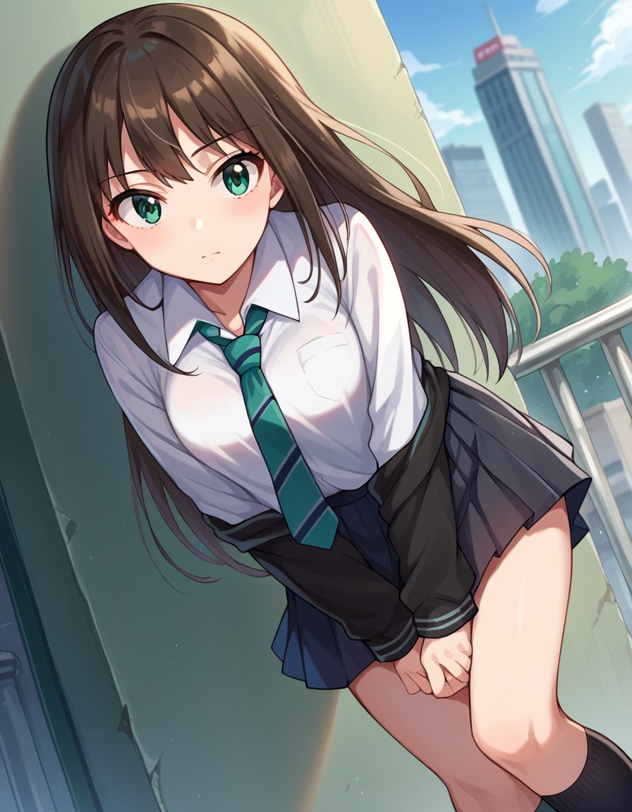 score_9, score_8_up, score_7_up, source_anime,rinshibuya, <lora:rin-shibuya-ponyxl-lora-nochekaiser:1>,rin shibuya, black hair, green eyes, long hair,black skirt, black socks, collared shirt, green necktie, kneehighs, long sleeves, miniskirt, necktie, pleated skirt, school uniform, shirt, skirt, socks, striped, striped necktie, white shirt, wing collar,outdoors, cityscape, bent over,looking at viewer, dutch angle, cowboy shot,