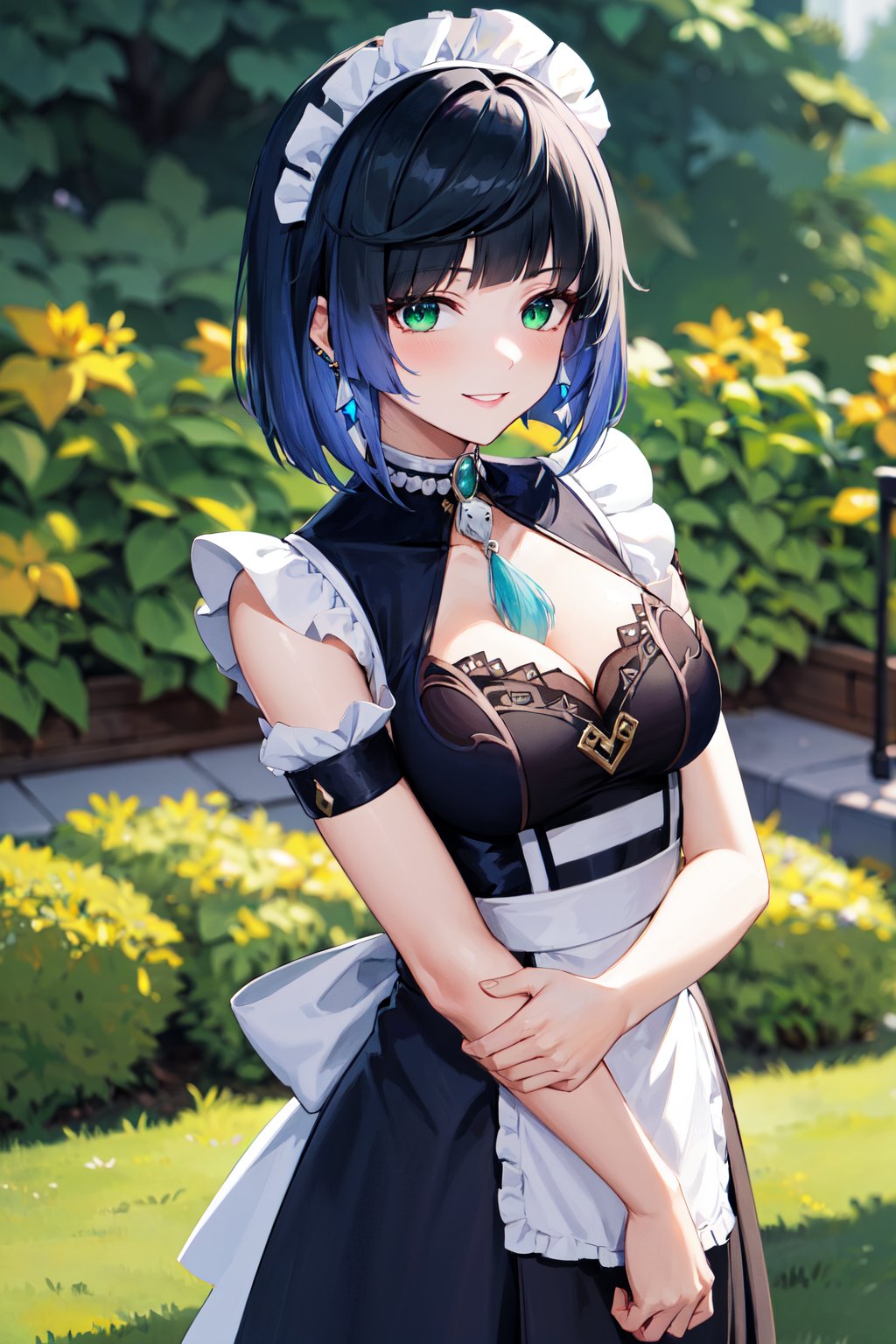 masterpiece, best quality, highres, aayelan, short hair, bob cut, braid, green eyes, earrings,<lora:yelan_v1:0.7>, maid, maid headdress, apron, garden, v arms, smile