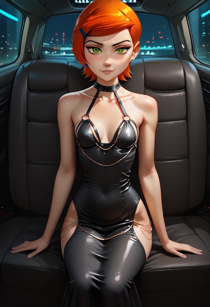 sitting inside a large car, score_9, score_8_up, score_7_up, score_6_up, score_5_up, score_4_up, UHD, 8K, masterpiece, detailed, ultra_high_resolution, lots of detail, OverallDetailXL, gwen tennyson (/Ben10)/,(ultra HD quality details), bright orange hair, short hair, (green eyes), <lora:madokawa-dress-ponyxl-lora-nochekaiser:1>, modakawa dress, gold chain, tight dress, hip vent, low neckline, criss-cross back-straps, taut dress, evening gown, o-ring dress, black dress, backless dress, ruanyi0046.