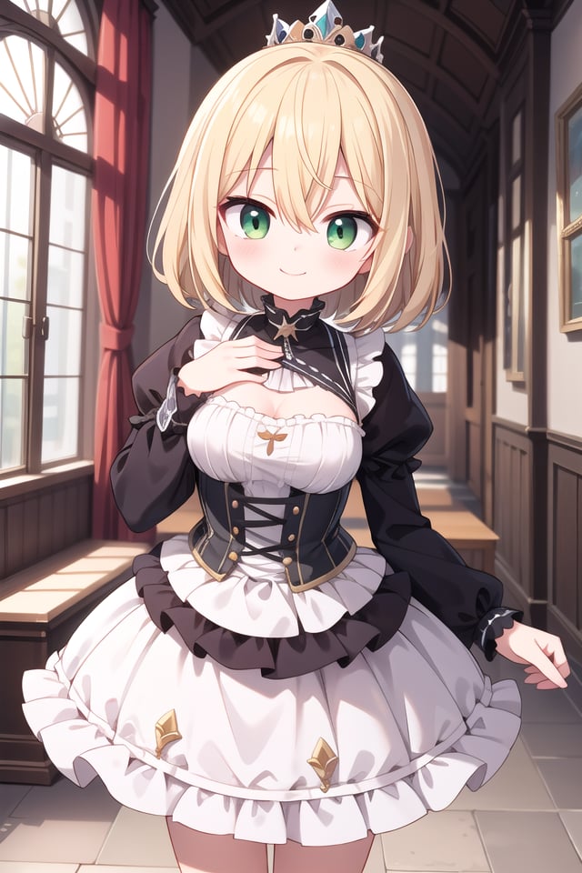 insanely detailed, absurdres, ultra-highres, ultra-detailed, best quality,1girl, solo, nice hands, perfect hands,BREAKprincess, princess dress with many frills, teara on hair,happy smile, laugh, closed mouth,standing, cute pose,45 angle, cowboy shot,BREAKslender, kawaii, perfect symmetrical face, ultra cute girl, ultra cute face, ultra detailed eyes, ultra detailed hair, ultra cute, ultra beautiful,BREAK(fantasy world, in castle), depth of field,medium large breasts,BREAKblonde hair, medium hair, messy hair, green eyes, hair between eyes