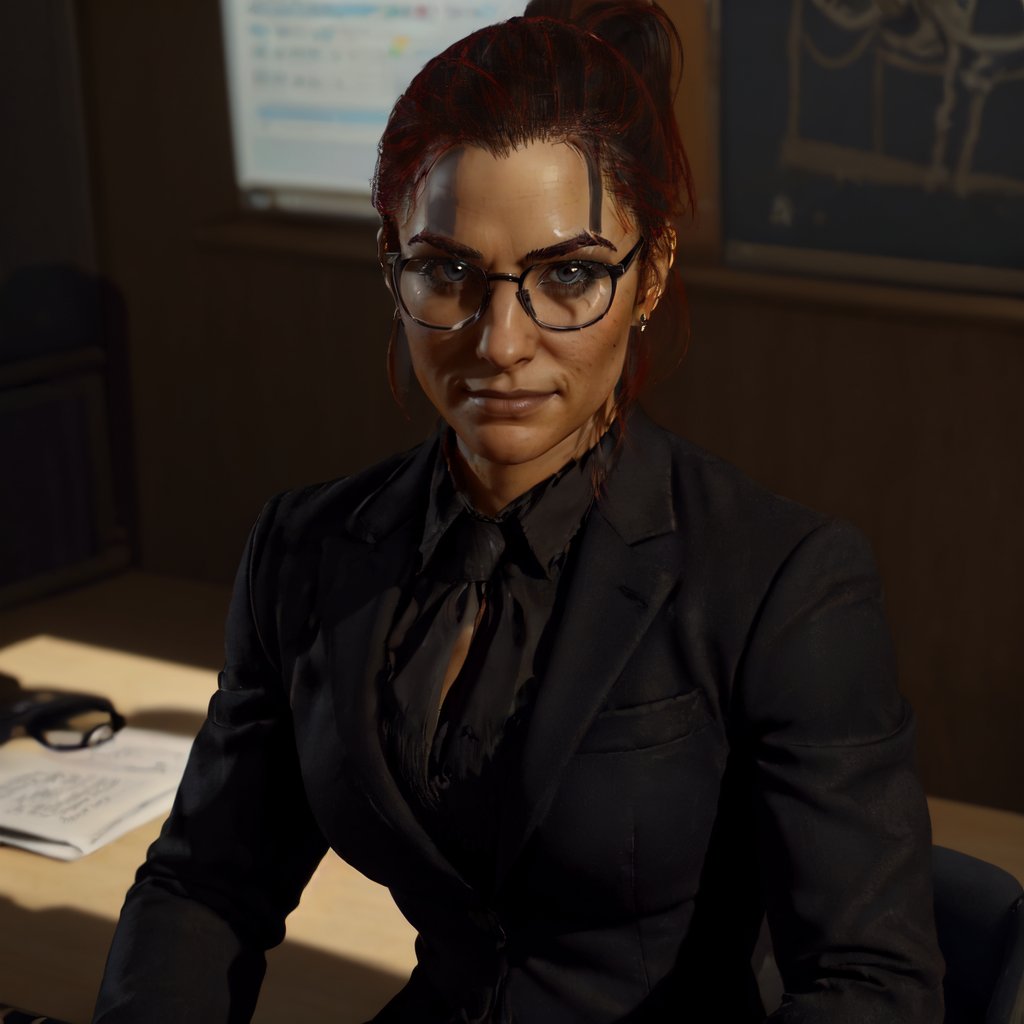 (((upper body,  sitting behind a desk, waering a black suit, glasses)))<lora:D4FemBarbLoRA:0.8> fembarbarian, ponytail, beautiful eyes, beautiful girl, high detail skin, high detail eyes, high detail hair, highres, ultra detailed, sharpen picture, Highly detailed, masterpiece, best quality, photorealistic, big smile  