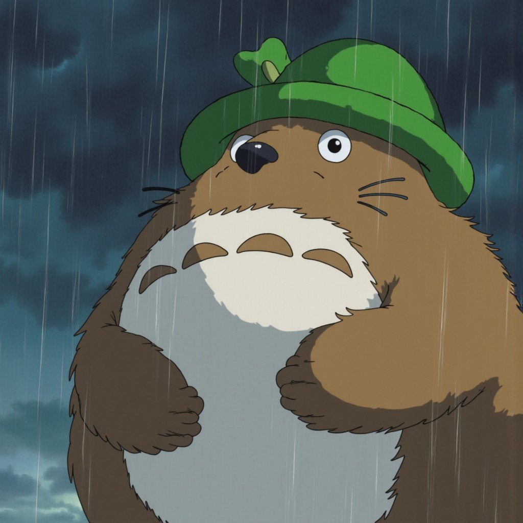 a ghiblify anime scene of a large, furry, brown and white creature with a green hat and green bow, standing in the rain. The creature has a sad look on its face and appears to be looking down. The scene is drawn in the style of Studio Ghibli anime.