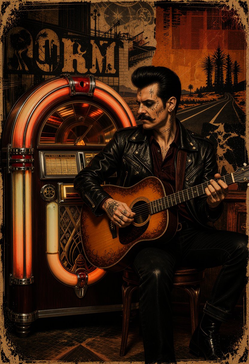 occult,  rockabilly_morph,  A horizontal occult rockabilly poster scene in a distressed vintage print style by inknoir on...