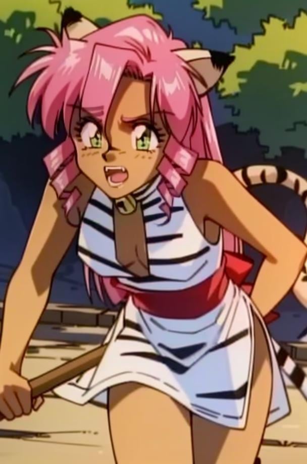 1girl, 90's anime style, PinkCzar, ((white tiger ears), (white tiger tail), long hair, pink hair, sidelocks, green eyes, small breasts), (tiger print, slit dress, red sash), (running, all fours, fish in mouth, cute fangs), (masterpiece:1.2), hires, (detailed face:1.2), (detailed eyes:1.2), ultra-high resolution, 8K, high quality, (sharp focus:1.2), clean, crisp, cinematic, <lora:Pink-18:1>