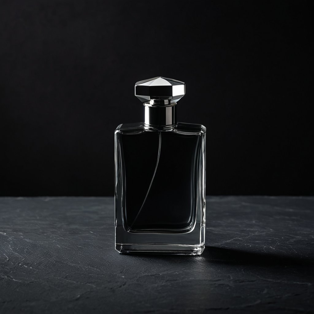 a glass perfume bottle on a dark slate stone surface,  matte charcoal texture,  dramatic soft top light by HanselCraft on...