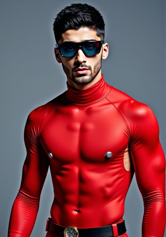 Zayn Malik ,  Hi-res photo. He wears futuristic electronic glasses. He is wearing a light red,  close fitting flight suit...