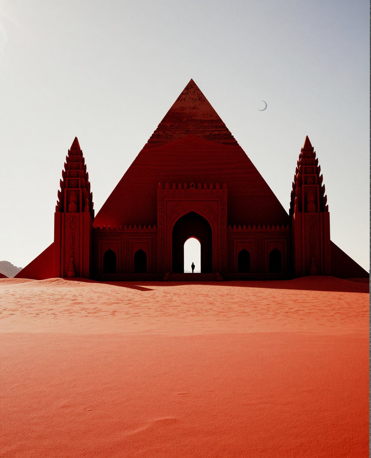ultra-wide fantasy architecture scene of a sacred temple rising from a blood-red desert with dark black crescent moon ,  c...
