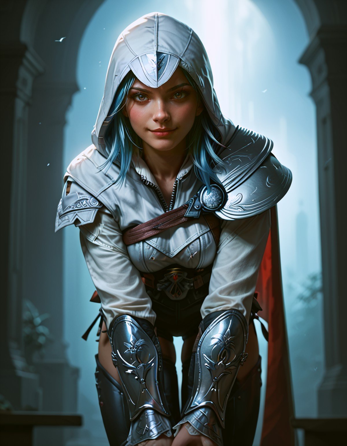 score_9, score_8_up, score_7_up,eula wearing ez1o armor,blue hair,hood up, leaning forward,looking at viewer, light enigmatic smile,low lightning, backlighting, <lora:ezio:1>