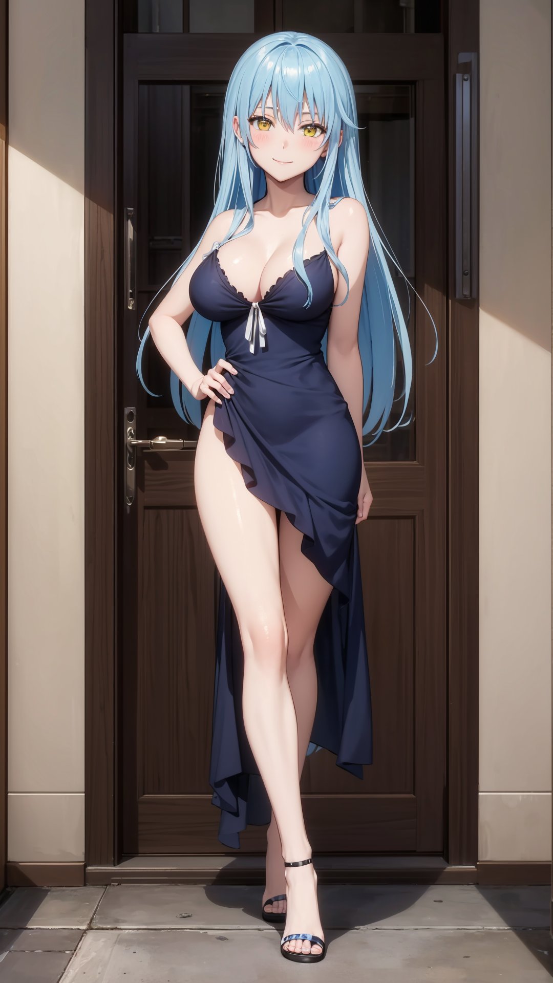 (masterpiece, best quality),ray tracing,absurdres, HDR,rimuru tempest, initial, blue hair, yellow eyes, 1girl, dress, solo, long hair, closed mouth, hair between eyes, bangs, ,large breasts,,,solo,  bare legs,,smile,blush, looking at viewer, full body<lora:rimuru famale:0.7>