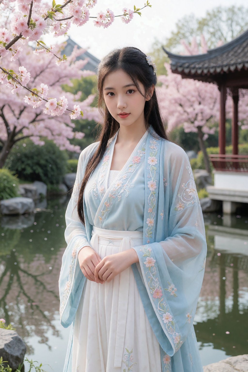 A young Asian woman,  estimated age early twenties,  gracefully stands near a serene water feature by 天TIN on Tensor.Art
