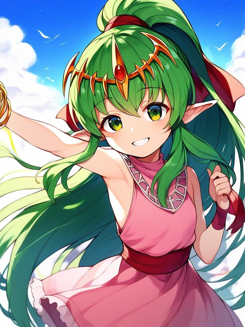 score_9, score_8_up, score_7_up, source_anime, rating_explicit, BREAK  <lora:Tiki_FE_XL:1> Tiki, pointy ears, long hair, green hair, ponytail, tiara, green eyes, flat chest, hair ribbon, very long hair, short stack,closeup-face, smile, pink dress. head shot,sky,