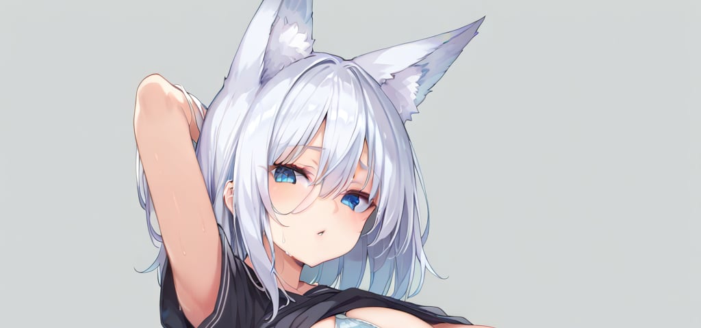 score_9, score_8_up, score_7_up,1girl,animal ears,areola slip,arm behind head,black shirt,black thighhighs,blue eyes,bow panties,clothes lift,feet out of frame,fox ears,fox girl,fox tail,grey background,hair between eyes,huge breasts,lifted by self,medium hair,open clothes,open shirt,pantyshot,pleated skirt,short sleeves,simple background,skirt lift,standing,string bra,striped bra,striped panties,sweat,thighs,underwear,white hair,white skirt