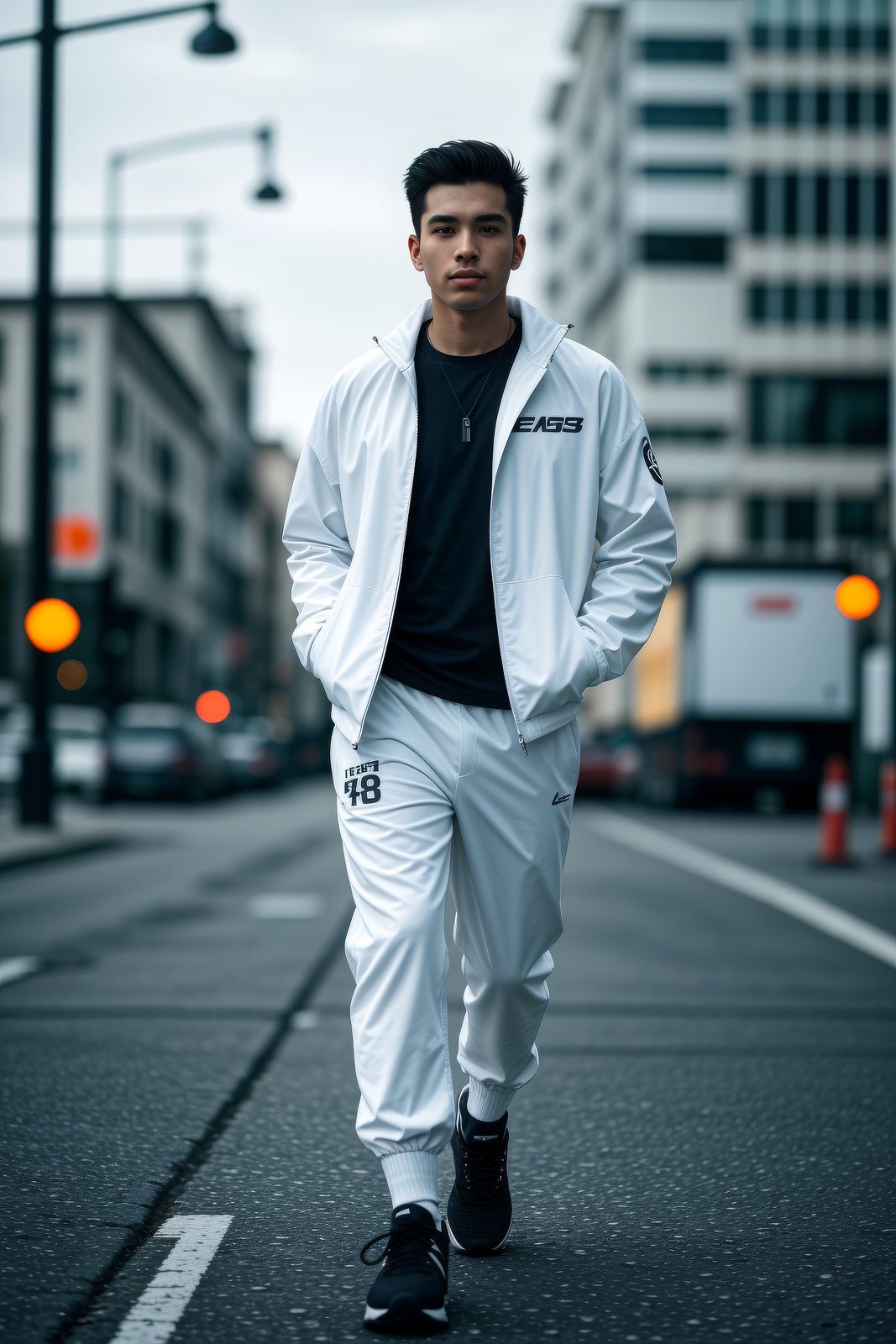 beauty photo of a man, encouraged, white windbreaker, black track pants and running shoes, cropped shoulders, under edge lighting, hero view, shot on a Lumix GH5