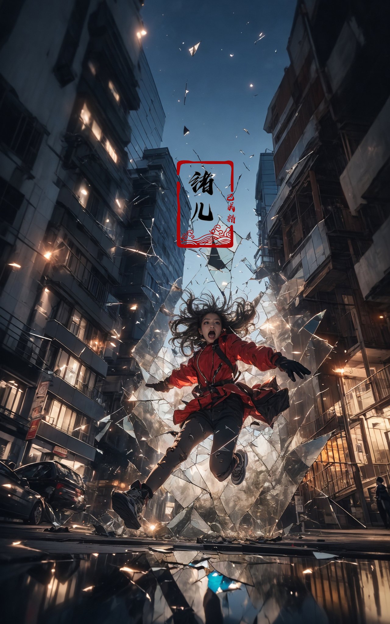 jumping，midair, (1girl, solo:1.2), open mouth, outdoors, building, (broken glass:1.5), shoes, (red gloves:1.3),Glow, reflective glass, light pollution，<lora:绪儿-跳跃构图 jumping:0.8>