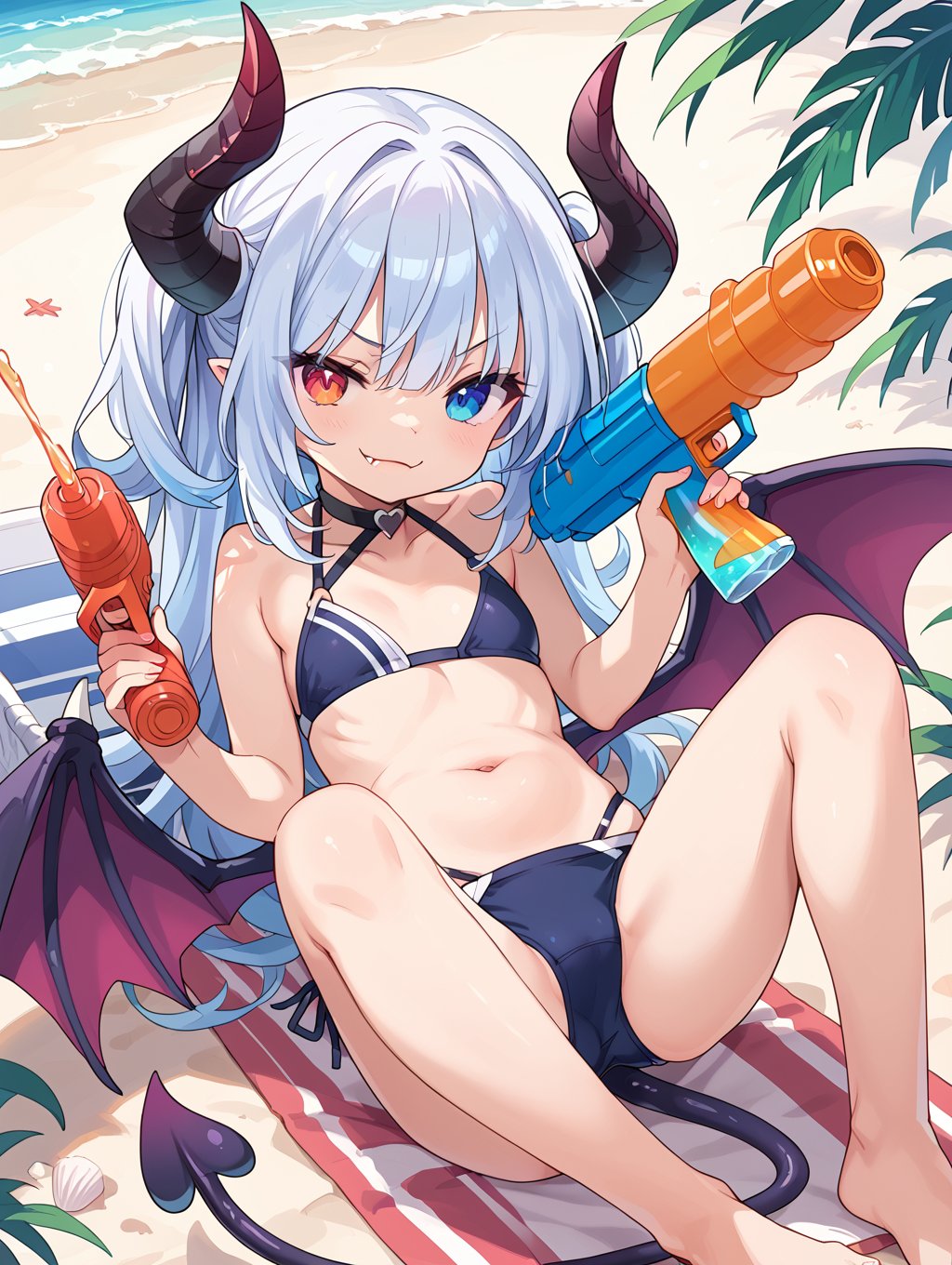 score_9, score_8_up, score_7_up,source_anime,BREAK, 1girl,swimsuit, holding water gun, beach, demon girl, demon tail, demon horns, demon tail, demon wings, heterochromia, smug, fang out, 