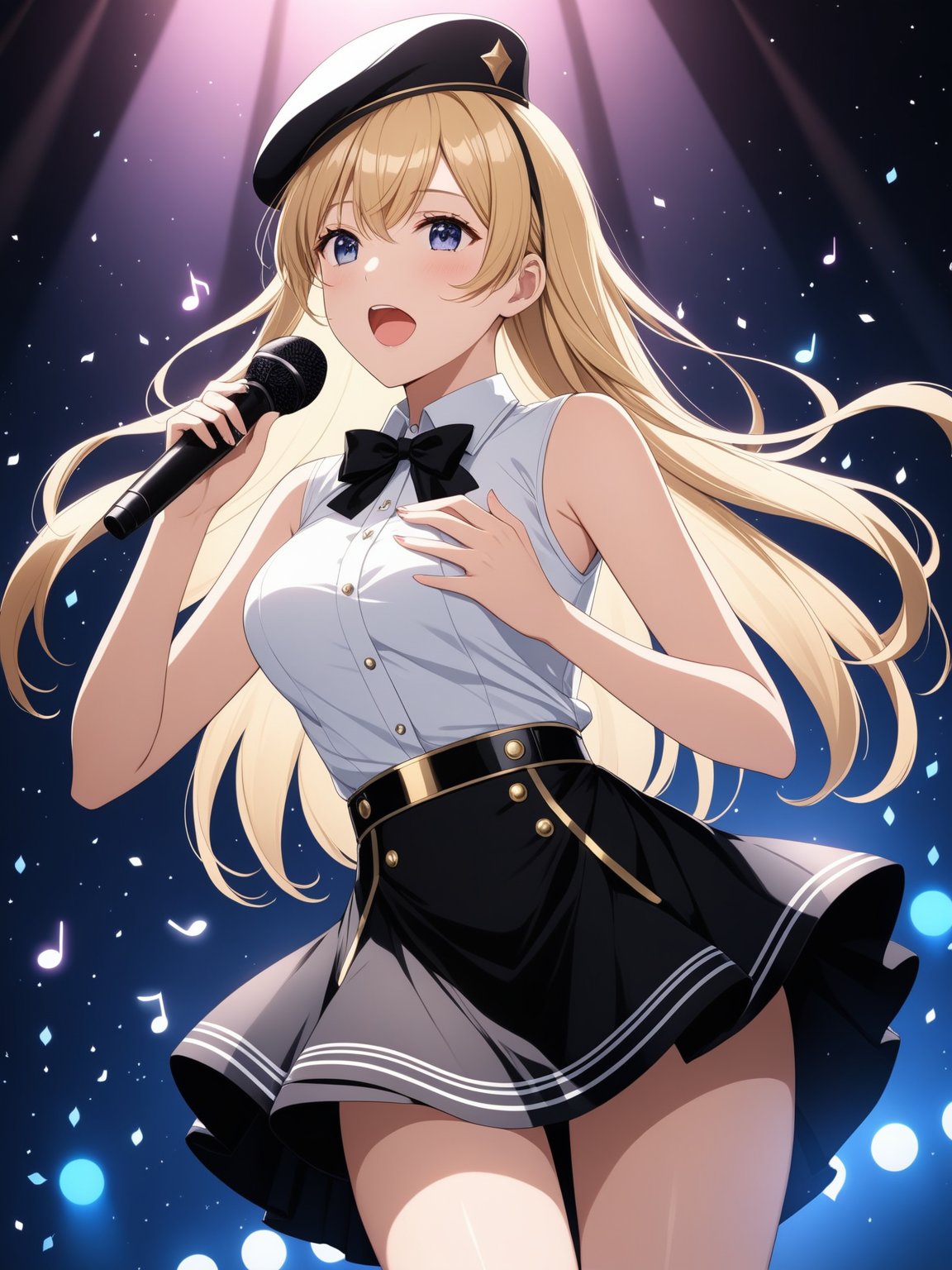 1girl , masterpiece, best quality, highres, 4k, 8k, intricate detail, cinematic lighting, amazing quality, amazing shading, soft lighting, Detailed Illustration, anime style, wallpaper, blonde, (idol clothes), ((white shirt)), short black skirt, white mini hat, sleeveless, musical note, rose hat ornament, (singing), hand on own chest, long hair, black bowtie, white hat, floating hair, bang, looking at viewer, open mouth, soldier, breasts, black high heel boots, layered skirt, mini skirt, gold shiny line on shirt