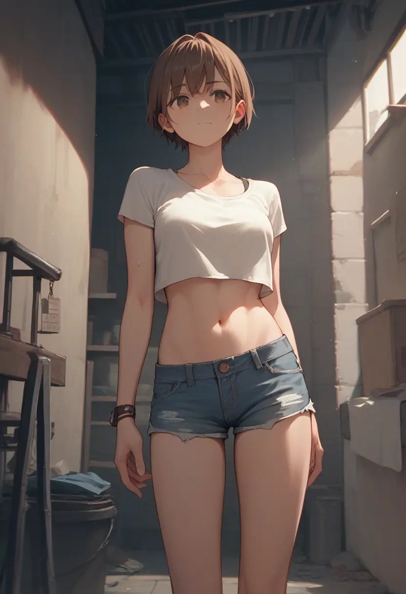 score_9, score_8_up, score_7_up, score_6_up, source_anime, 1girl, basement, brown hair, denim shorts, crop top, <lora:basement_v0.2-pony:1>