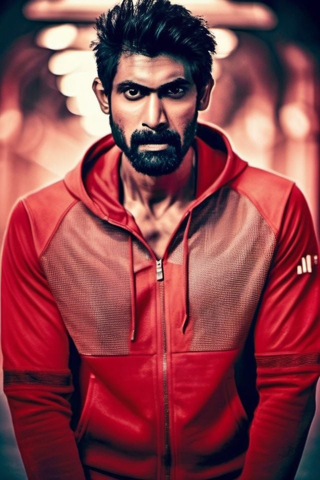 Sendhil Ramamurthy a man ,  realistic photo in a worn ((skin-revealing skimpy erotic red tracksuit,  massive hairy pecs))...