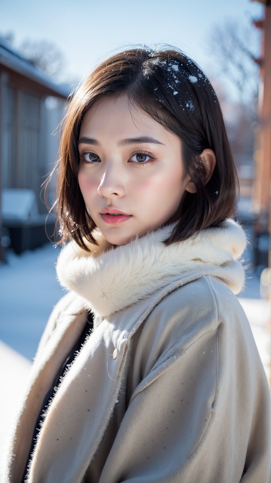 woman,  bob cut,  forehead,  cute makeup,  standing in a winter snow,  wearing a fur winter coat,  detailed,  medium shot