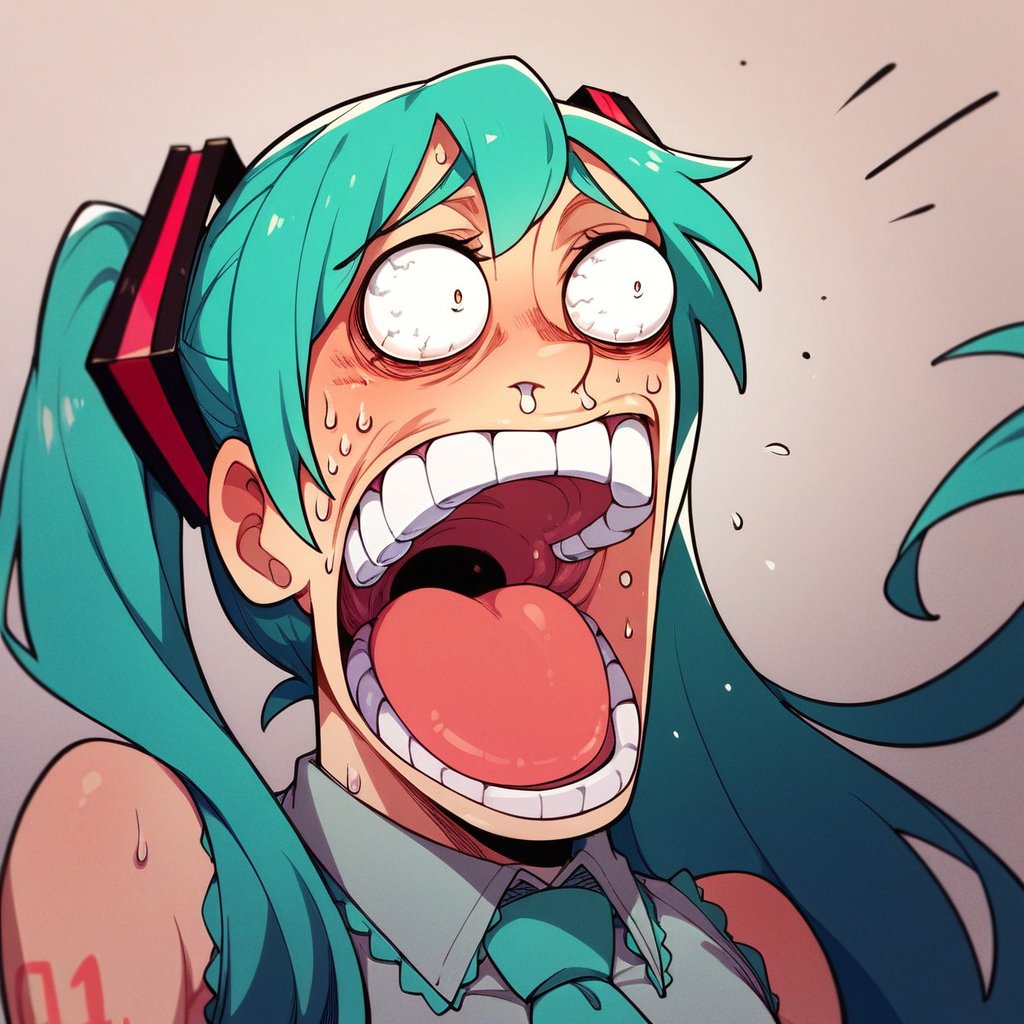 <lora:xl_exaggerated surprised expression(pony)-000015:1>,enel face,open mouth,sweat,teeth,wide-eyed,constricted pupils,hatsune miku,, score_9,_up score_8_up,up score_7_up,up score_6_up,