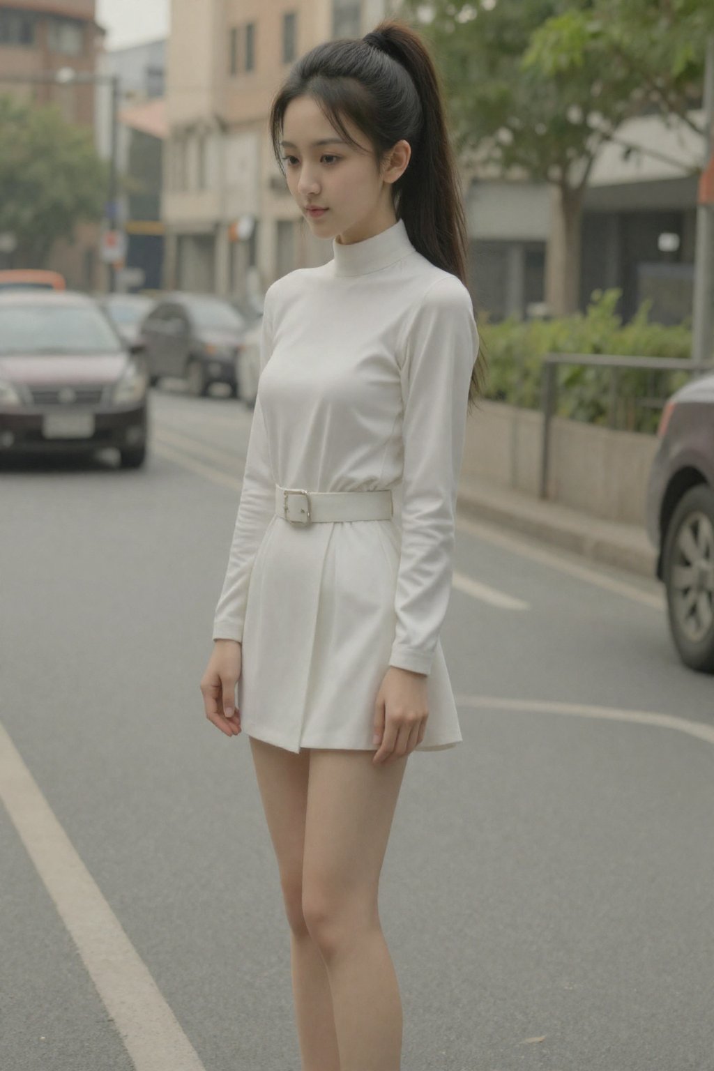 一张照片中,  一位年轻的亚裔女性站在城市街道上,  她肤色白皙 by 天TIN on Tensor.Art