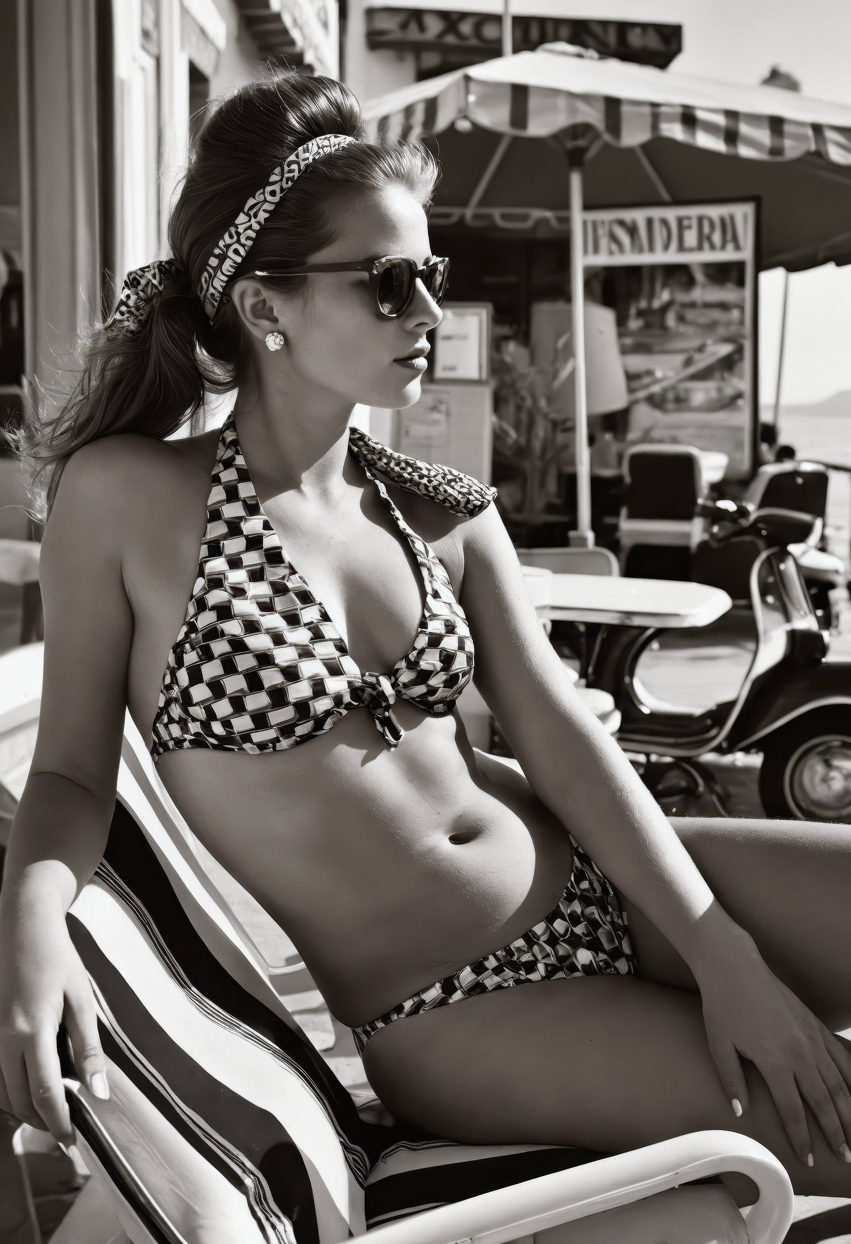 hyper-detailed photograph of a stunning young woman lounging in the sun on the Amalfi Coast during the 1960s,  wearing a b...