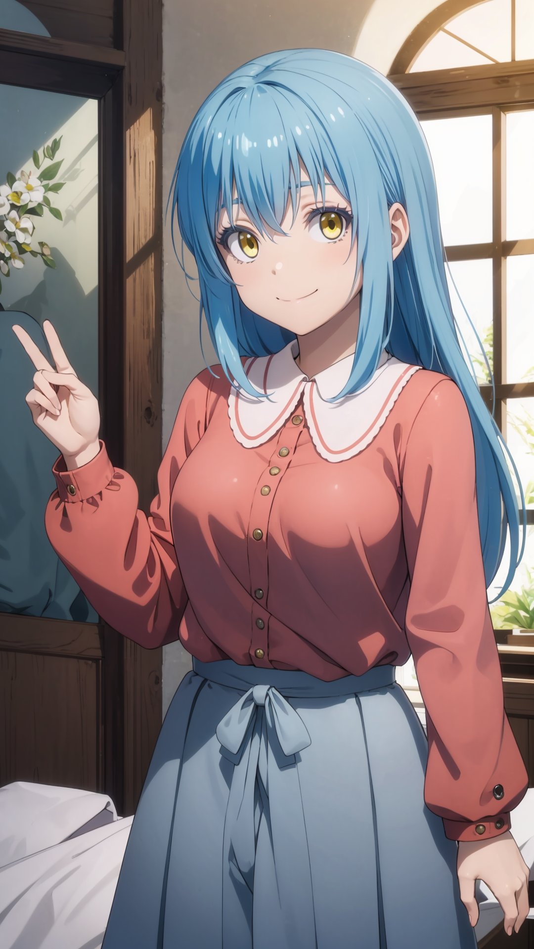 (masterpiece, best quality), ray tracing, absurdres, HDR,rimuru clothes, long hair, blue hair, yellow eyes, shirt, closed mouth, red shirt, 1girl, large breats,holding, rimuru tempest, skirt, bangs, pink shirt, smile, solo, hair between eyes, grey skirt, long sleeves, collared shirt, holding clothes,blush ,looking at viewer, <lora:rimuru_clothes01:0.7>