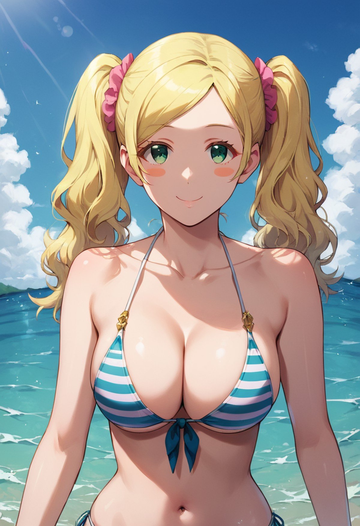 masterpiece,best quality, highly detailed, score_9, score_8_up, score_7_up, score_6_up,<lora:xl_more_art-full_v1:0.8>,BREAK <lora:carol:0.8>carol,1girl, breasts, swimsuit, solo, blonde hair, bikini, twintails, striped, smile, sky, navel, day, looking at viewer, cloud, cleavage, large breasts, blue sky, green eyes, long hair, blush stickers, outdoors, collarbone, front-tie top