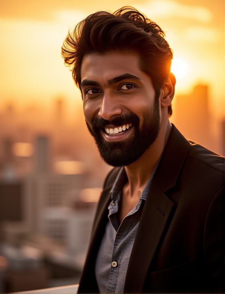rana daggubati ,  In the heart of a bustling city,  under the soft glow of a golden hour sunset by HottiesnHotties on Tens...