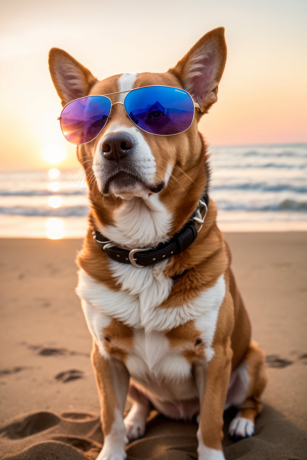 85mm, f1.8, portrait a dog on a beach wearing sunglasses, photo realistic, hyperrealistic, orante, super detailed, intricate, dramatic, sunset lighting, shadows, high dynamic range