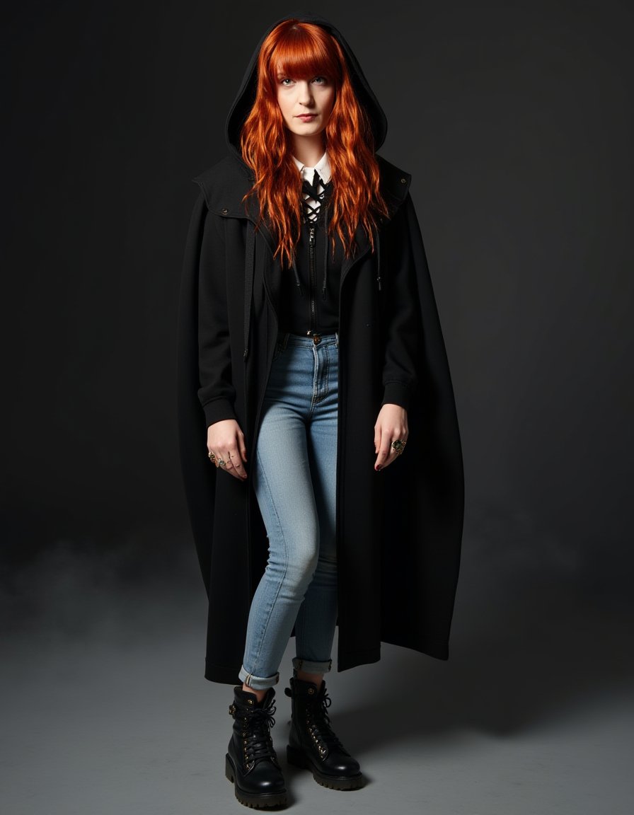 cinematic, 3/4 , long natural red hair in cascade style,  (well-lit face), posing with an attitude  standing in a photo studio, wearing a designer jeans, a long black hoodie with the hood on, and a white collar laced shirt , and black military boots, foggy effect on the floor,  colors:  black, white, red  pro lighting, high-res, 4k, spotlight her classically beautiful face, photo realistic, real photography, a few tints of surrealism and dreamy fantasy like ambience, zzw [grainy film: 0.8], detailed eyes,  <lora:Florence Welch:1>