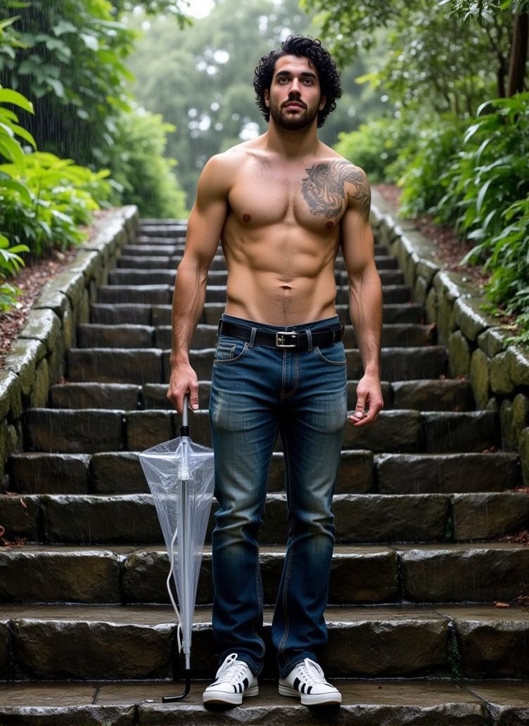 chris underwood ,  stands on a large stone staircase,  the rainwater cascading on the steps. He holds a transparent umbrel...