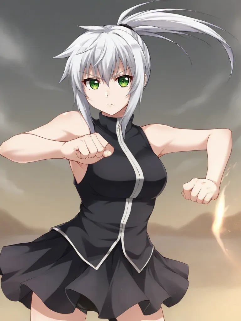 <lora:anerosecoutpony:0.8>1girl, solo, anerrolange, white hair, ponytail, green eyes, black shirt, sleeveless, black skirt, outdoors, standing, serious, looking at viewer, cowboy shot, fighting stance, closed fists,