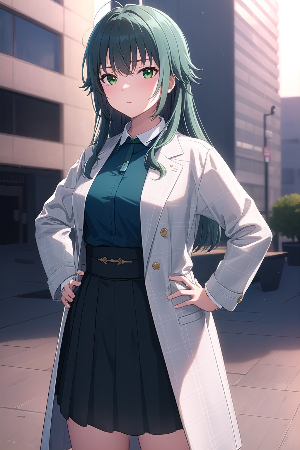 (masterpiece, best quality), highly detailed background, perfect lightingbest quality, tsukimuratemari, solo, outdoors, city, dark green hair, ahoge, crossed bangs, messy hair, very long hair, green eyes, medium breasts, grey coat, plaid coat, open coat, buttons, long sleeves, blue ribbon, neck ribbon, collared shirt, blue shirt, (hands on hips:1.1), belt buckle, high-waist skirt, black skirt, pleated skirt, closed mouth, <lora:Tsukimura-Temari:0.7>