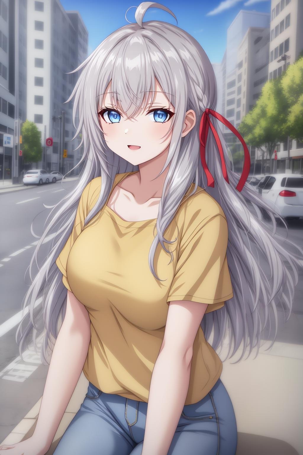 alisa,1girl,solo,long_hair,looking_at_viewer,bangs,blue_eyes,hair_between_eyes,hair_ribbon,ahoge,grey_hair,outdoor,city,yellow_top,blue_jeans