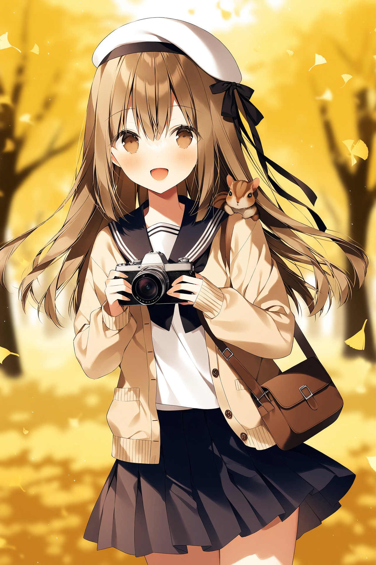 (masterpiece),(best quality),illustration,ultra detailed,hdr,Depth of field,(colorful),Artist weri,1girl,skirt,holding,smile,long hair,solo,bangs,hat,brown eyes,pleated skirt,camera,holding camera,long sleeves,school uniform,:d,black skirt,sailor collar,looking at viewer,serafuku,squirrel,blush,open mouth,bag,animal,beret,leaf,open clothes,shirt,autumn leaves,blurry,white shirt,brown hair,animal on shoulder,white headwear,ribbon,black bow,hair ribbon,black ribbon,blurry background,hair between eyes,bow,outdoors,cardigan,ginkgo leaf,autumn,puffy long sleeves,off shoulder,black sailor collar,cowboy shot,depth of field,open cardigan,standing,shoulder bag,