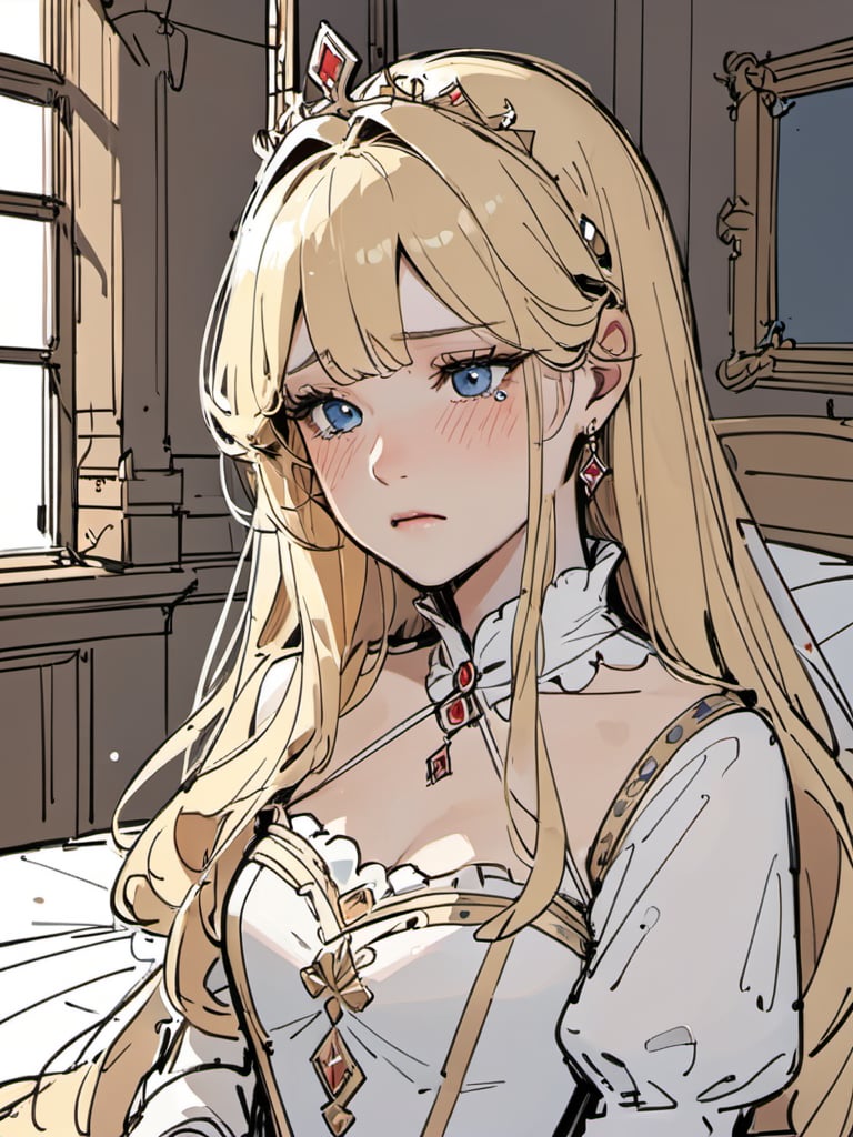 <lora:luXL毛躁手绘Fuzzylines_lora_resized:0.6>, fuzzylines, sketch, a beautiful queen is very sad and crying by the window in her room in the castle, luxury decoration, tears, pretty face, blonde hairs,