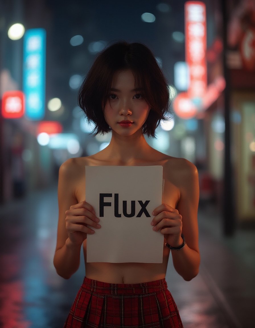 A hyper-realistic photograph of an incredibly beautiful 18-year-old Chinese girl with short,stylish black hair,standing confidently on a dimly lit urban street at night. She is facing the viewer directly,with a super elegant and strong posture. The girl is topless,but she modestly holds a large piece of paper flatly in front of her chest,strategically covering her breasts. The paper prominently displays 'Flux' in bold,large lettering,making it easily readable and adding emphasis to the message. She is wearing a red plaid pleated mini skirt that adds a touch of youthful energy to her look. Her face,embodying cure beauty and exuding a (Charming Face:1.2),is focused on the viewer,creating a captivating connection. The streetlights cast a soft,warm glow on her smooth,porcelain-like skin,while the distant neon signs flicker in the background,reflecting off the wet pavement. The scene captures the subtle details of her skirt and the natural elegance of her pose,creating a lifelike,almost indistinguishable-from-reality effect. The overall atmosphere is one of quiet intensity,with the urban nightscape enhancing the sense of elegance and purpose in her presence.,sexy,(a faint smile:0.5),8k,triangular face,