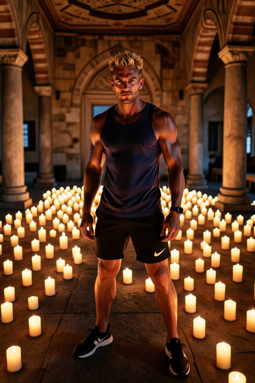 a strong man,  black with blonde meshes short hair ,  sportive clothes Istanbul candlelight flickering warm orange very lo...