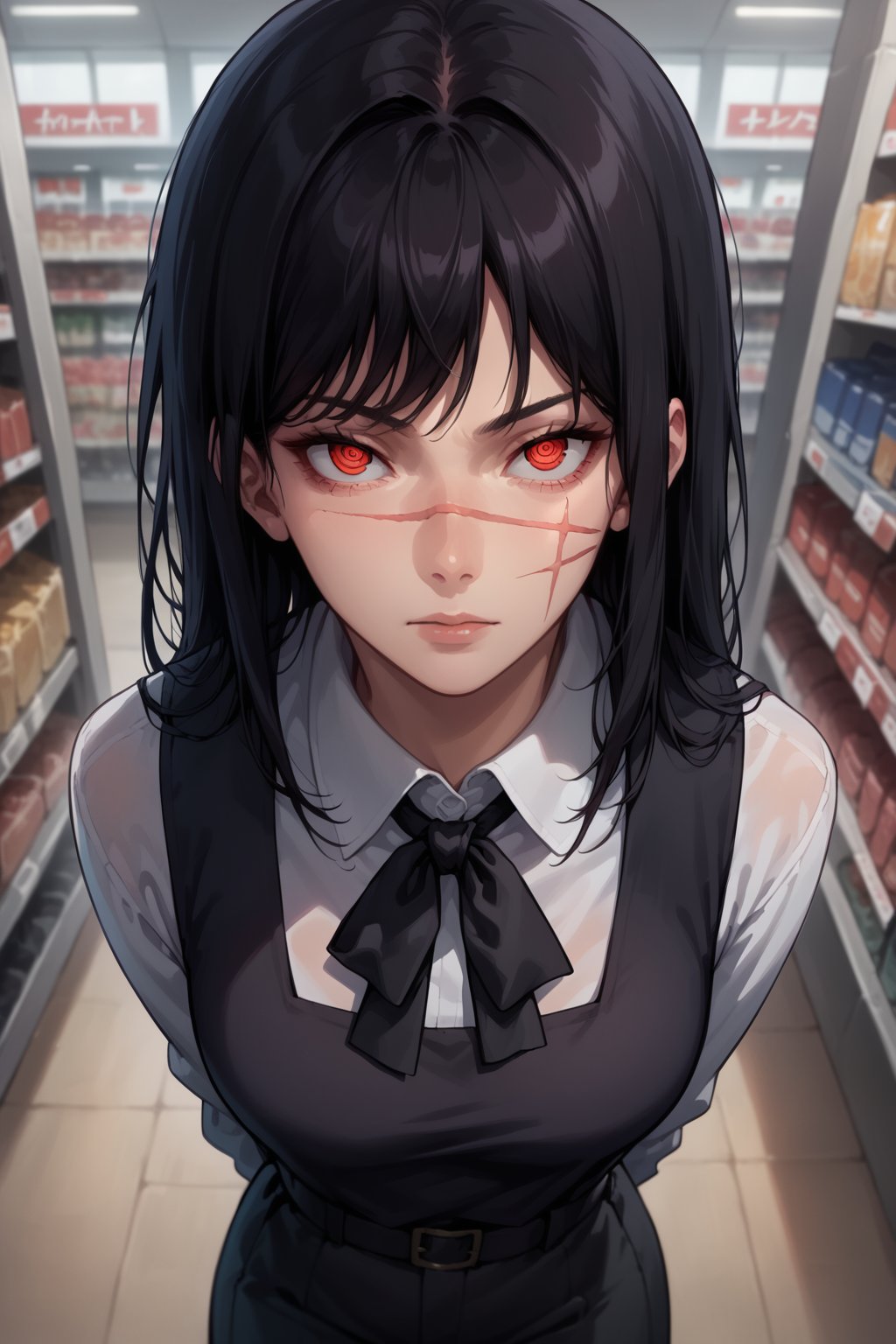 score_9, score_8_up, score_7_up, 1girl, solo, aged_up, looking at viewer,<lora:Yoru_Chainsaw-Man_Pony-000008:0.8>, yoru, scar on face, red eyes, (ringed eyes:1.3), black hair, long hair, black ribbon, black pinafore dress, from above, standing in a store, depth of field, fisheye lens, arms behind back