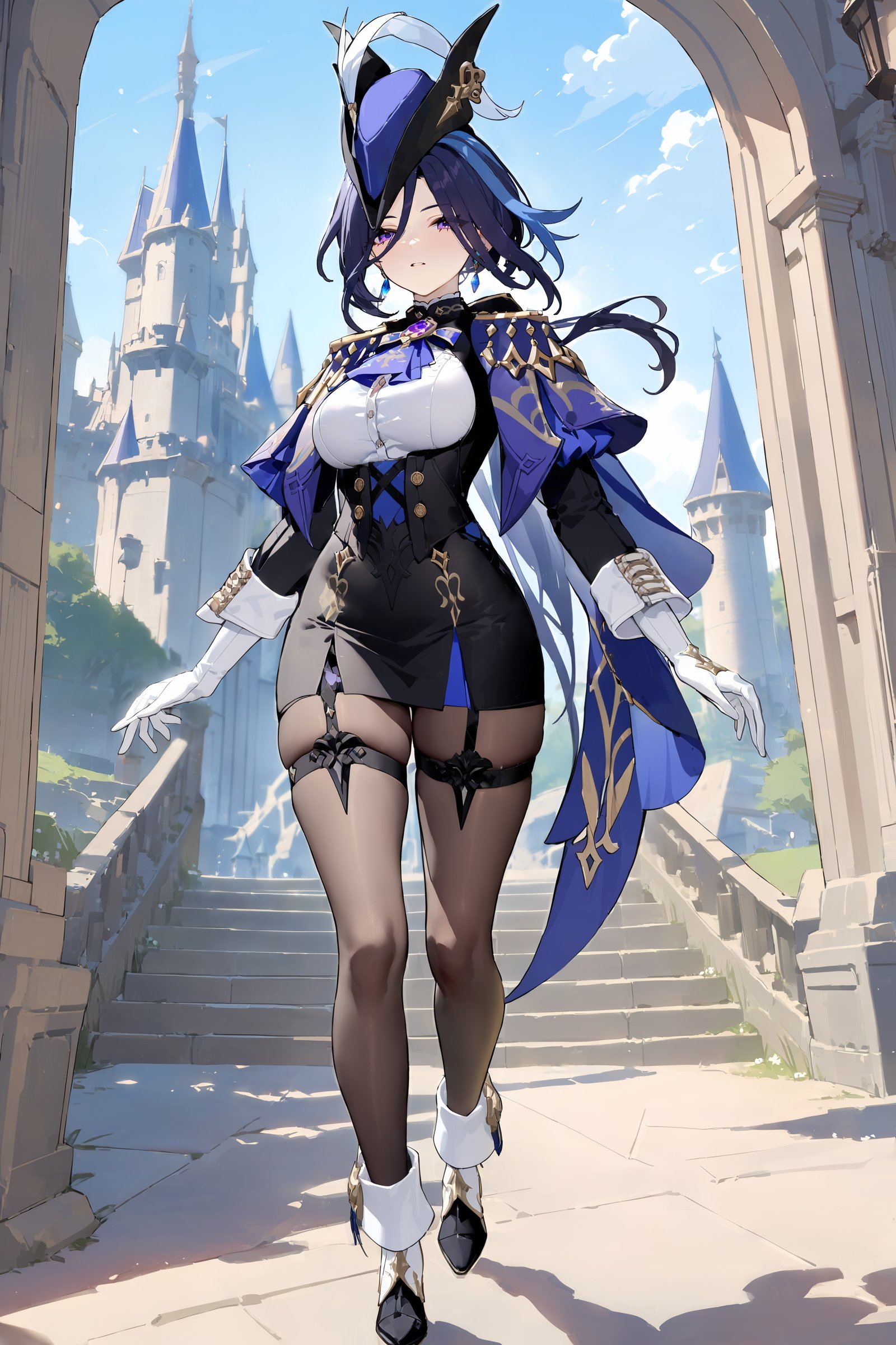 masterpiece, best quality, perfect features, intricate details, ray tracing, newest,(hitenkei, askzy:0.4), 1girl, clorinde \(genshin impact\), tricorne, black pantyhose, earrings, blue cape, white gloves, pencil skirt, white shirt, thigh strap, underbust, ascot, fold-over boots, black jacket, depth of field, full body, walking, hand in own hair, looking at viewer, parted lips, floating hair, outdoors, castle <lora:quality1:0:hr=1>,  <lora:Char-Genshin-Clorinde-XL-V1:0.9>