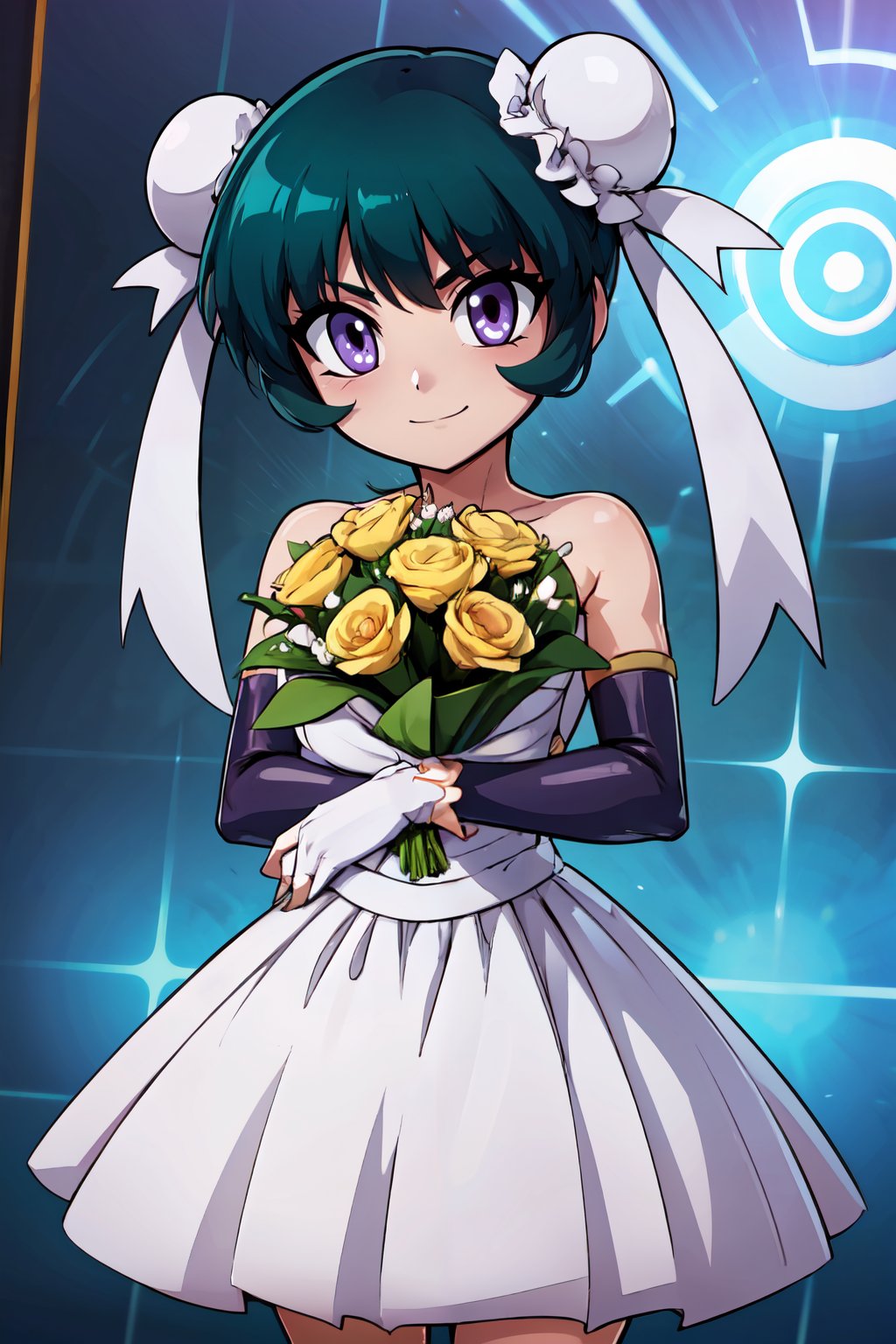 ((masterpiece,best quality)), absurdres,  BREAK, , <lora:MeiMeiBeyblade:0.7>, zzMeiMei, 1girl, purple eyes, green hair, hair bun, bun cover, , BREAK, bride, wedding dress, bridal veil, strapless dress, elbow gloves, holding bouquet,, BREAK, solo, smile, looking at viewer, cowboy shot,