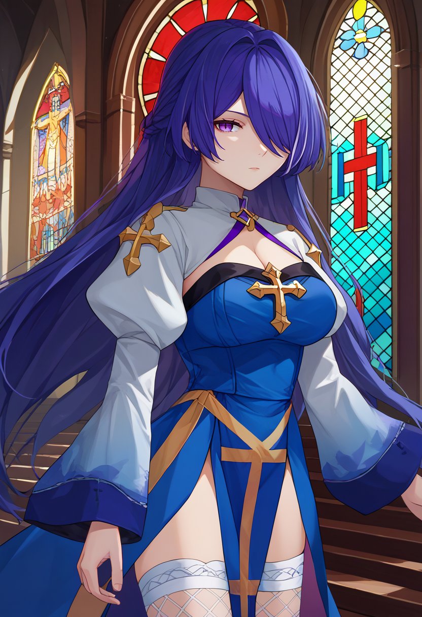 score_9, score_8_up, score_7_up, source_anime, solo, 1girl, acheronrnd, expressionless, looking at viewer, standing, purple hair, long hair, hair over one eye, purple eyes, ragnarokarch, two-tone dress, blue dress, cross, cleavage cutout, puffy sleeves, long sleeves, white thighhighs, fishnet thighhighs, indoors, church, stained glass <lora:attire_ro_archbishop_ponyXL:1> <lora:acheron-hsr-richy-v1_pdxl:0.95>