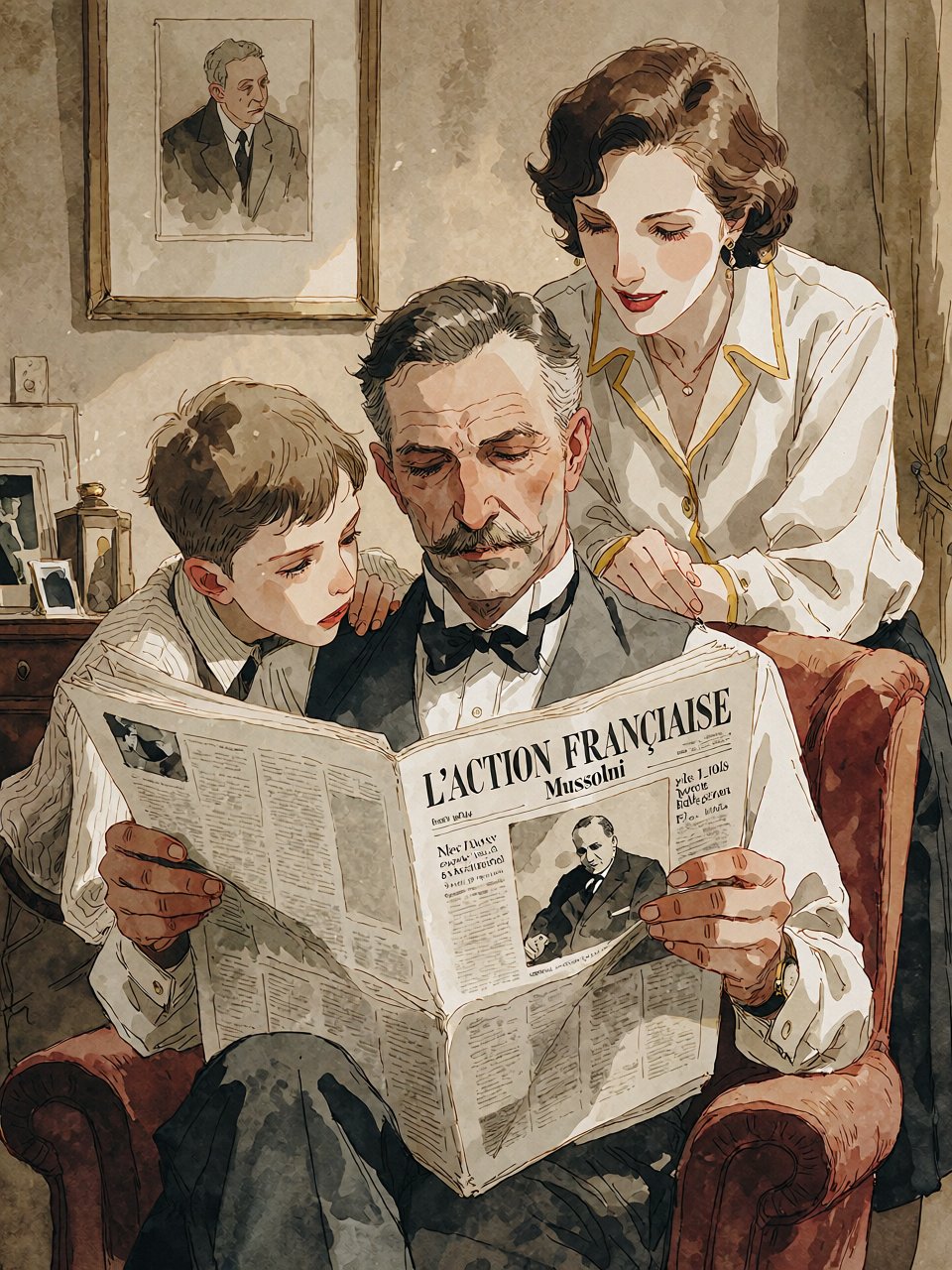 Bradhamel art style. A sepia-toned illustration of a middle-aged man with a mustache,  wearing a bow tie and vest,  seated...