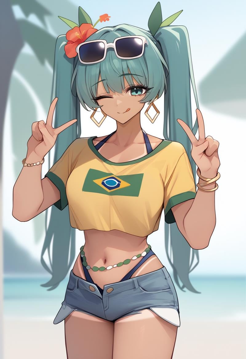 score_7_up, score_6_up, <break> solo, 1girl, brazilianmiku, dark-skinned female, tanlines, smile, closed mouth, tongue out, looking at you, standing, double v, twintails, hair flower, sunglasses, eyewear on head, aqua eyes, one eye closed, yellow shirt, cropped shirt, short sleeves, swimsuit, blue shorts, denim shorts, short shorts, beads, hoop earrings, bracelet, collarbone, midriff, large breasts, outdoors, beach <segment:yolo-face_yolov8m.pt,0.4,0.5//cid=1>